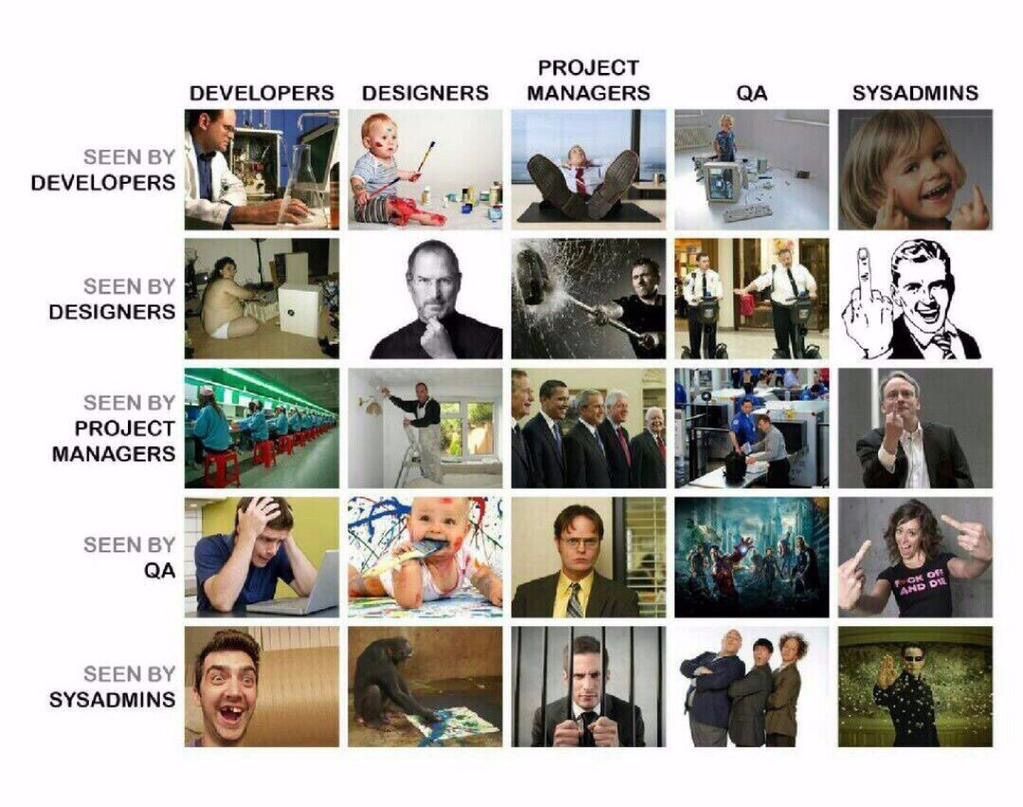 how project managers, developers, qa, sysadmin, designers see each other